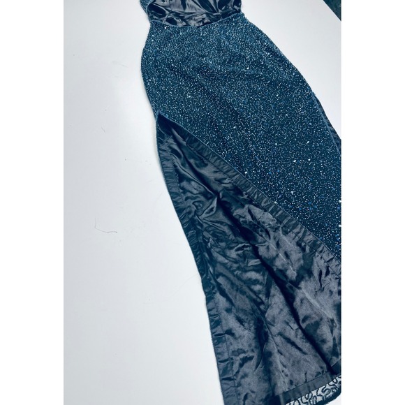 Vintage SCALA Beaded Halter Neck Evening Gown Blue 100% Silk Formal Dress Medium - Picture 4 of 17